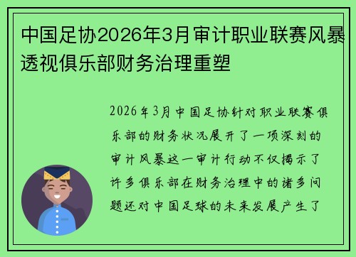 中国足协2026年3月审计职业联赛风暴透视俱乐部财务治理重塑 中国足协2026年3月审计职业联赛风暴透视俱乐部财务治理重塑